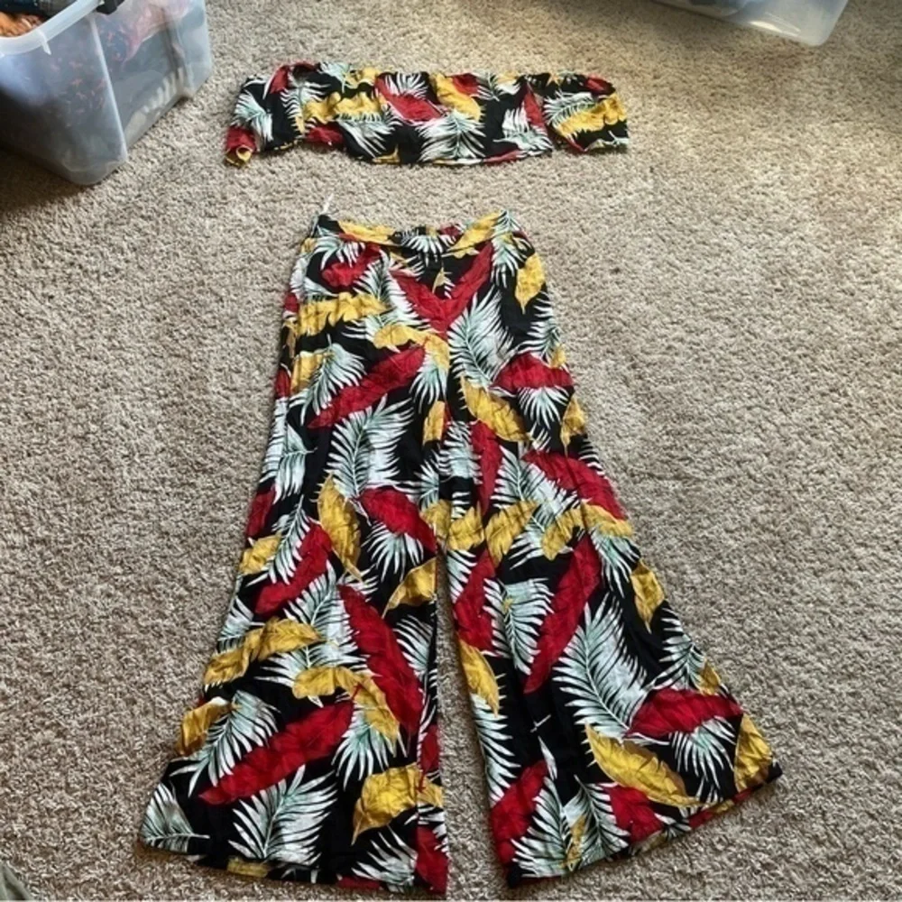 Blue B Tropical Palm Print Bandeau Crop Top & Wide Leg Palazzo Pants Set Medium